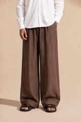 DRAWSTRING PLEATED LINEN TROUSER ( BROWN / WHITE / CREAM)