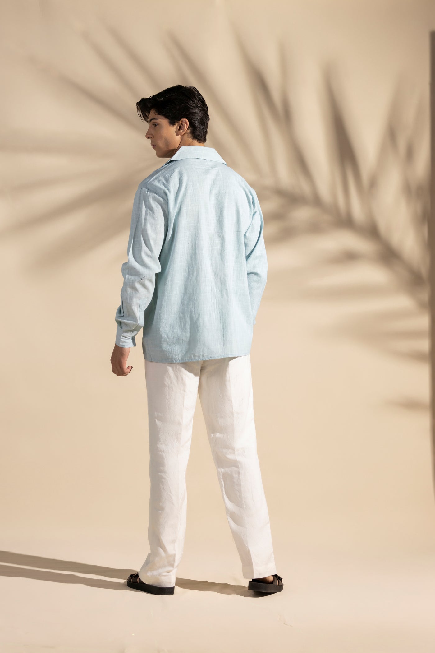 Blue Linen Safari Cuban Collar Shirt