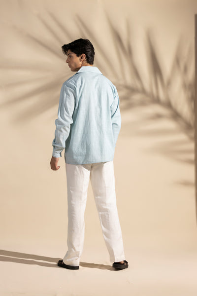 Blue Linen Safari Cuban Collar Shirt