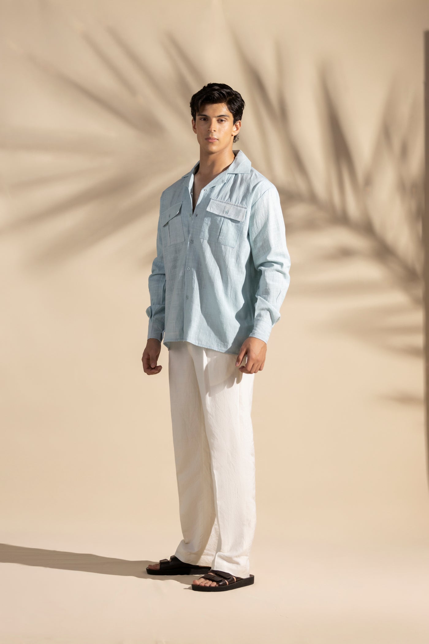 Blue Linen Safari Cuban Collar Shirt