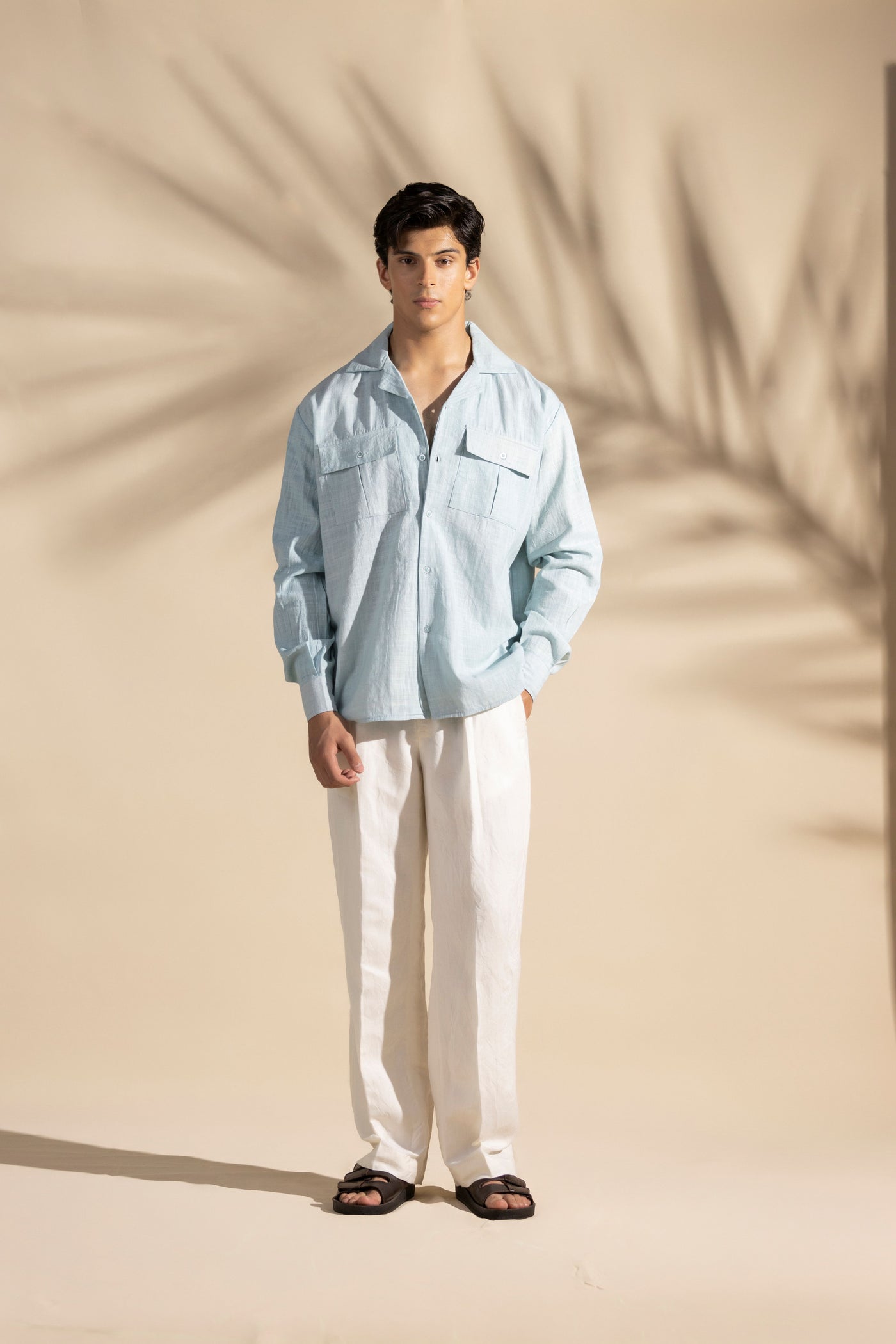 Blue Linen Safari Cuban Collar Shirt