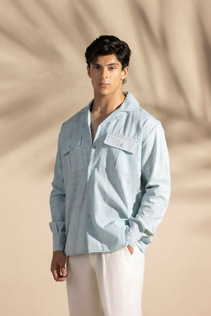 Blue Linen Safari Cuban Collar Shirt - OMH Clothing