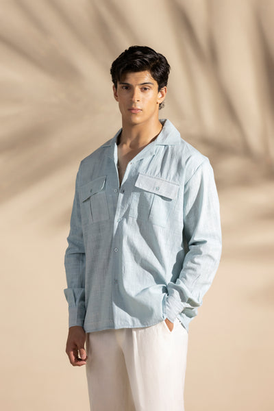 Blue Linen Safari Cuban Collar Shirt