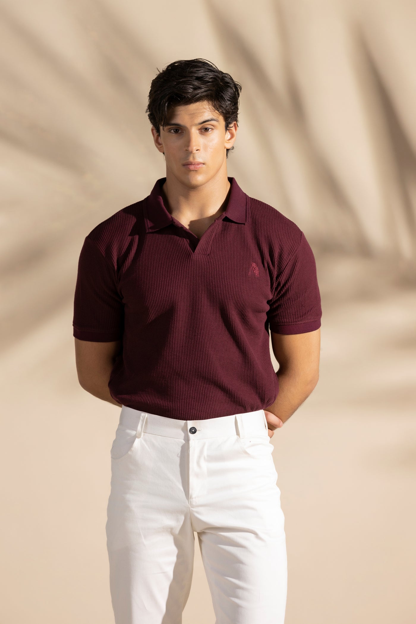 Maroon Johnny Collar Waffle Knitted POLO Shirt