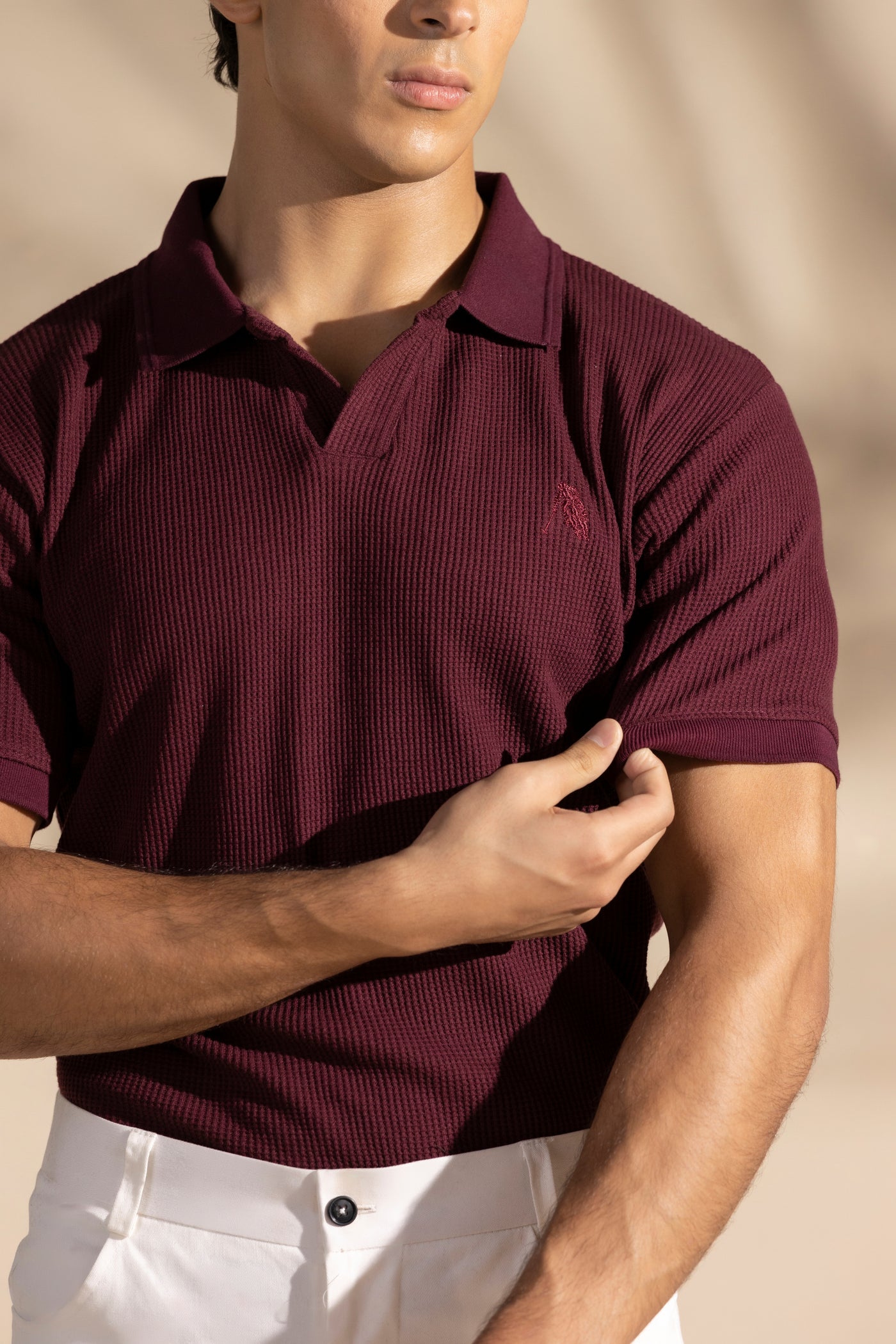 Maroon Johnny Collar Waffle Knitted POLO Shirt