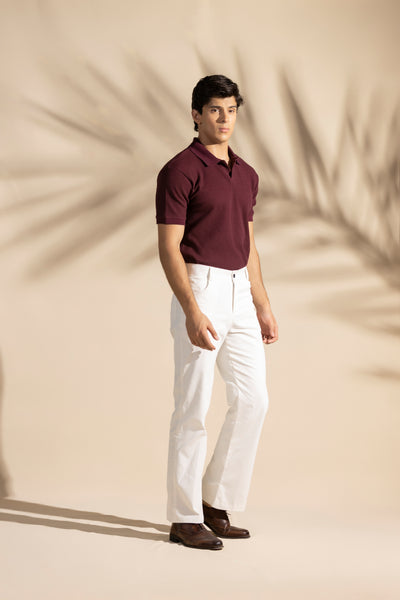 Maroon Johnny Collar Waffle Knitted POLO Shirt