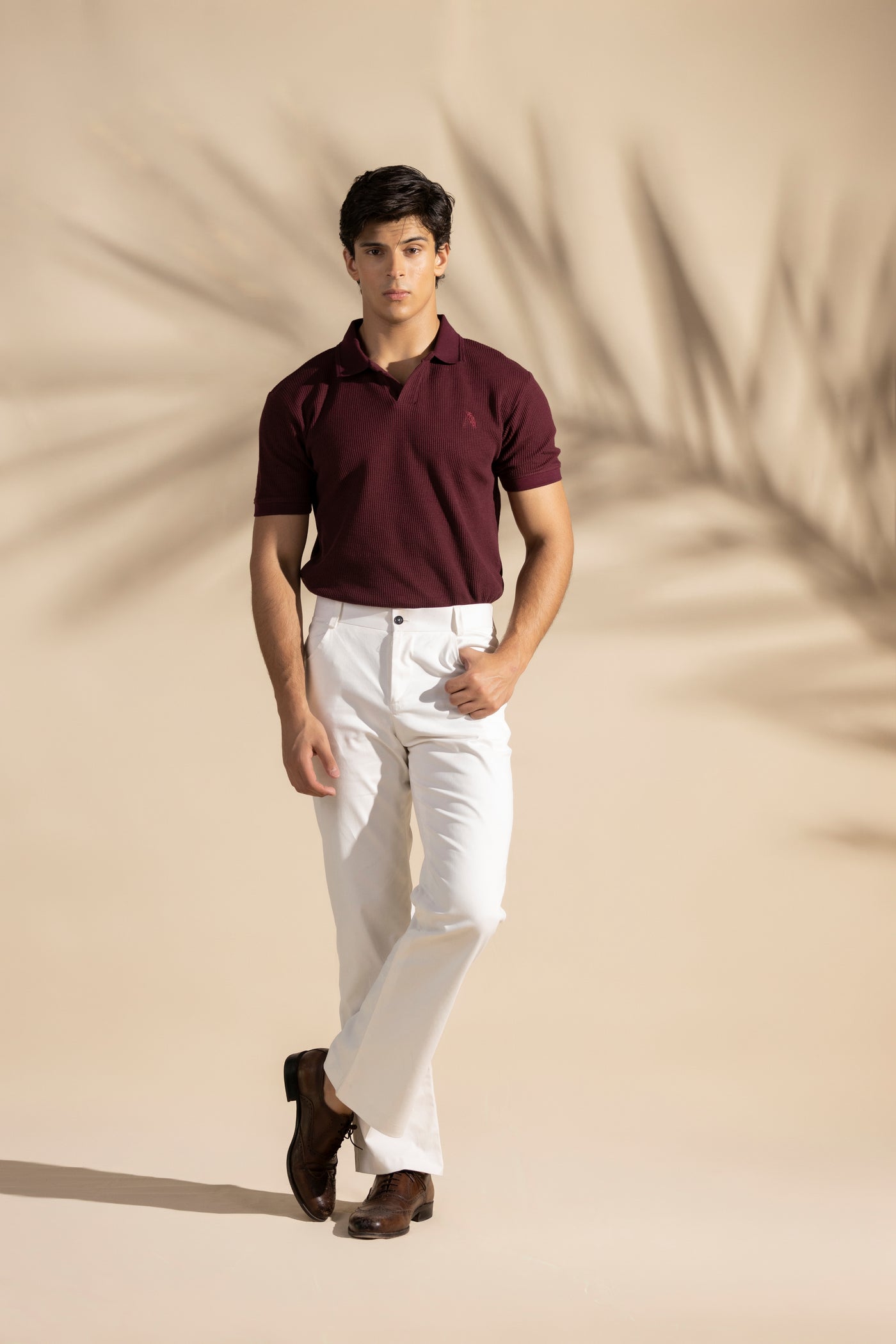 Maroon Johnny Collar Waffle Knitted POLO Shirt