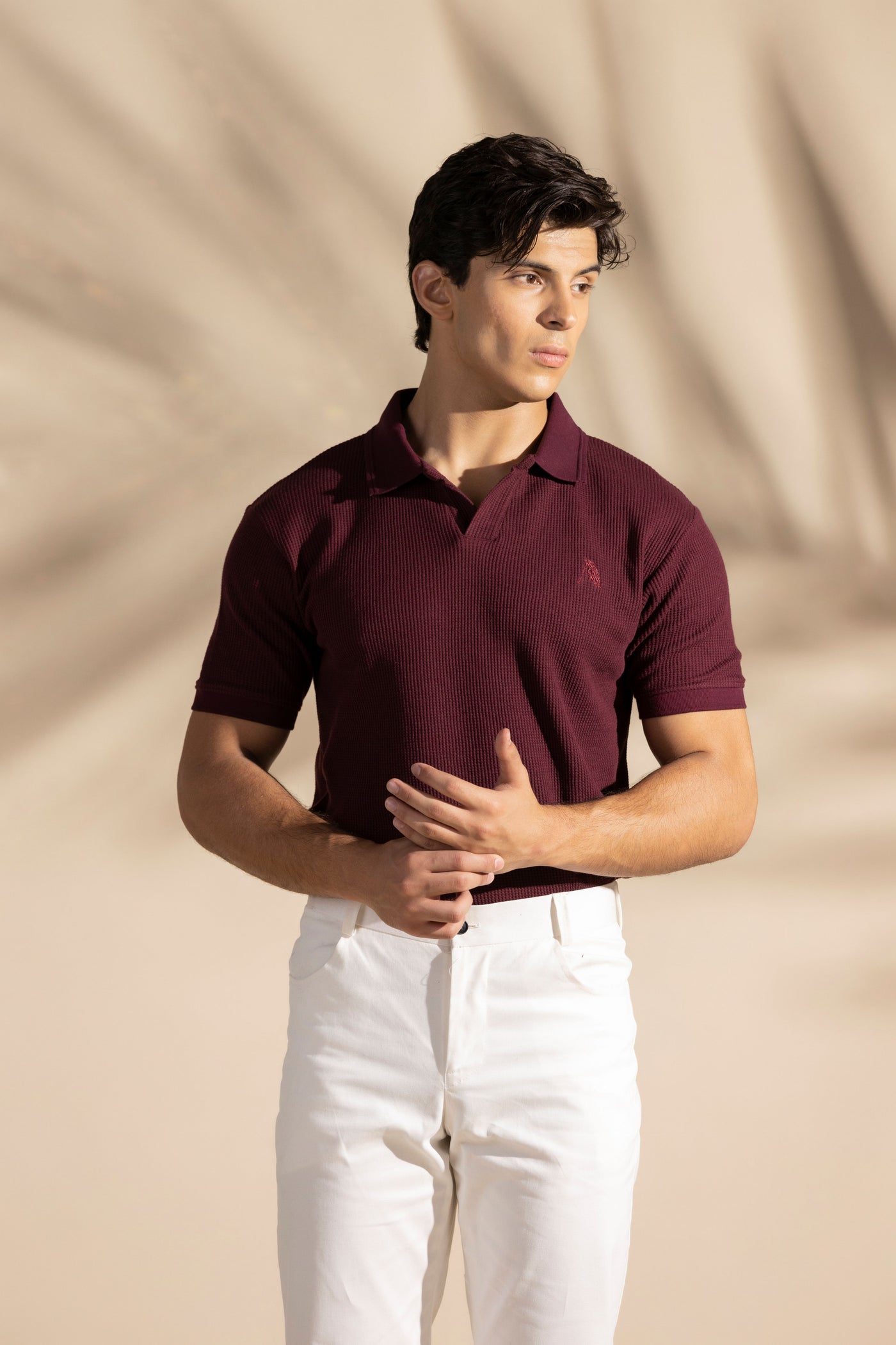 Maroon Johnny Collar Waffle Knitted POLO Shirt