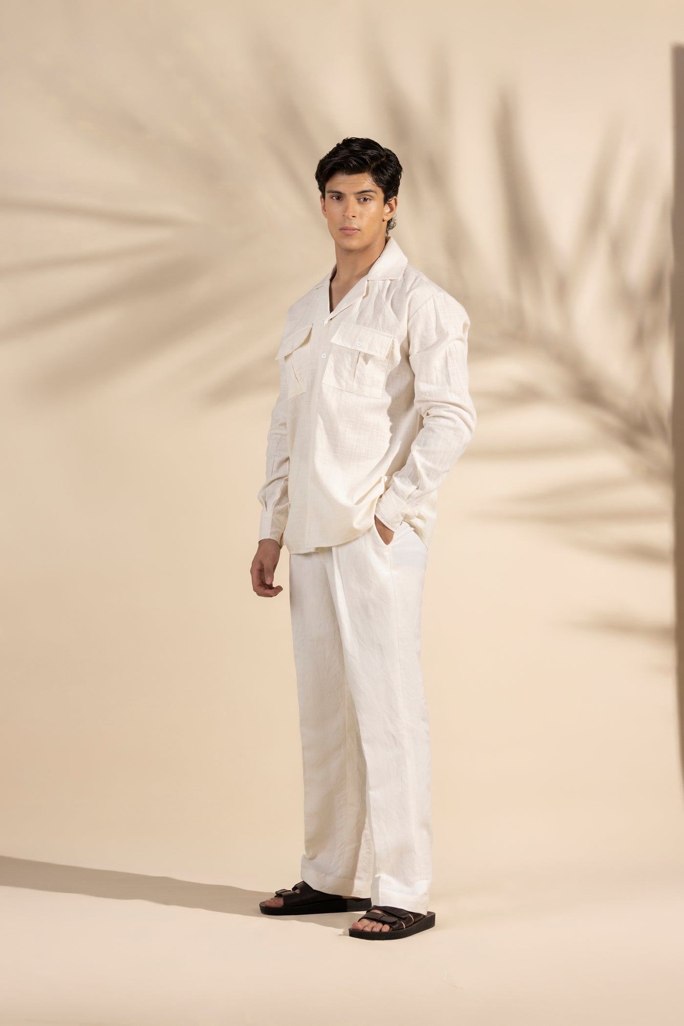 Beige Safari Linen Cuban Collar Shirt