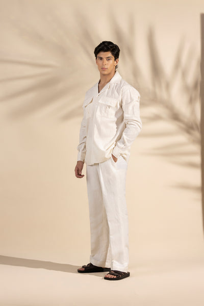 Beige Safari Linen Cuban Collar Shirt