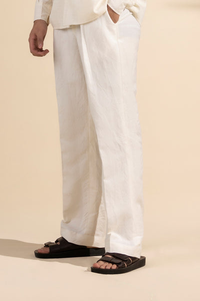 WHITE RELAXED FIT LINEN PLEATED TROUSER