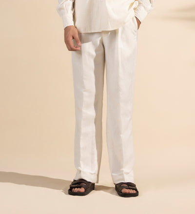 WHITE RELAXED FIT LINEN PLEATED TROUSER