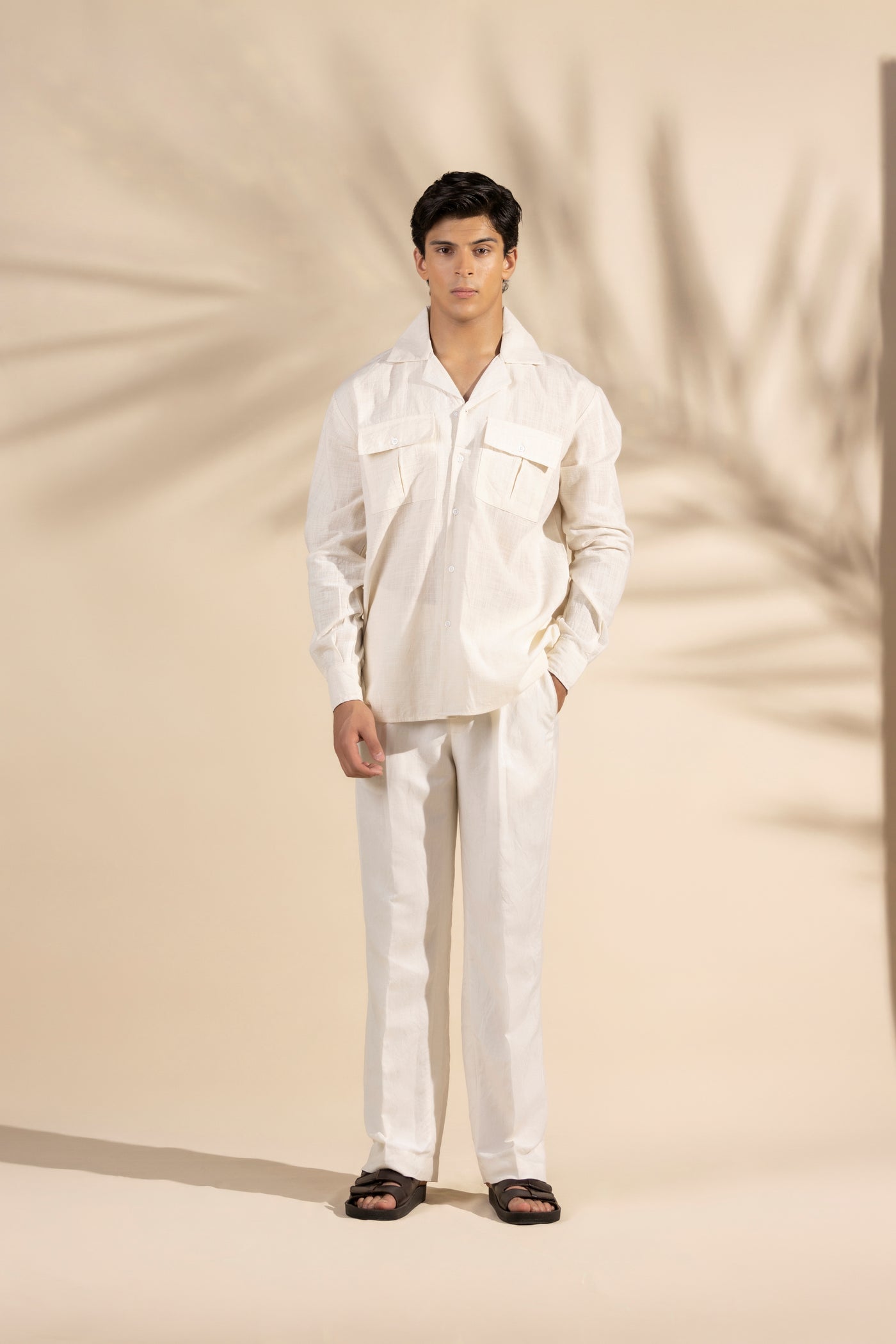Beige Safari Linen Cuban Collar Shirt