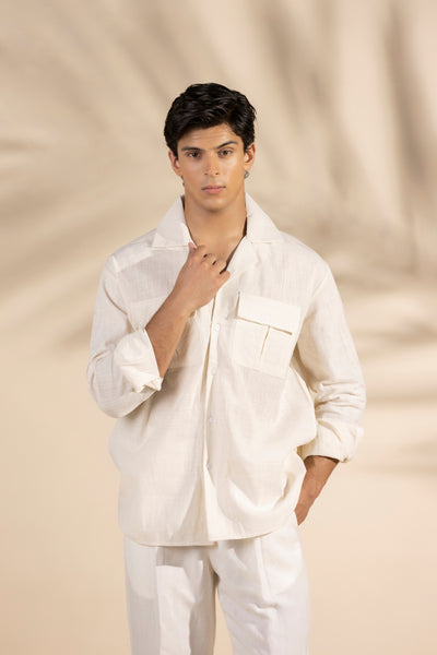 Beige Safari Linen Cuban Collar Shirt