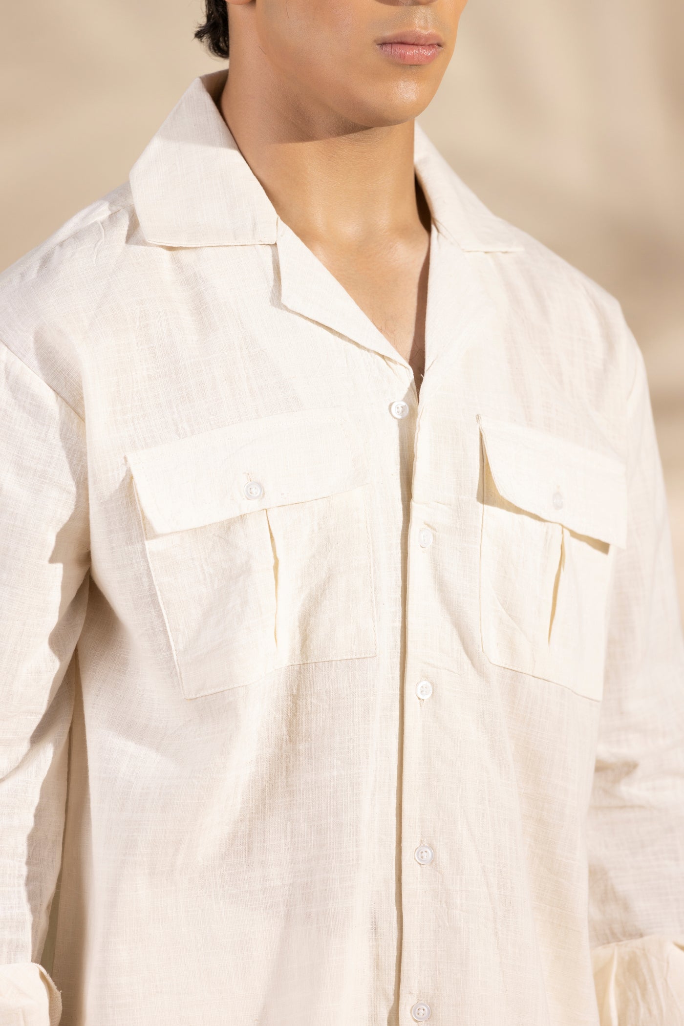 Beige Safari Linen Cuban Collar Shirt