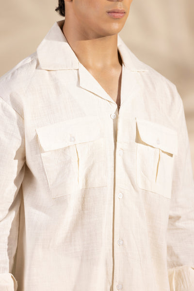 Beige Safari Linen Cuban Collar Shirt
