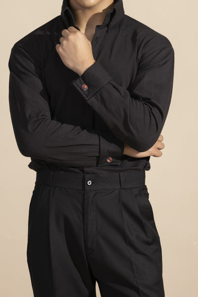 BLACK CUT BELT KOREAN DOUBLE PLEATED PANT