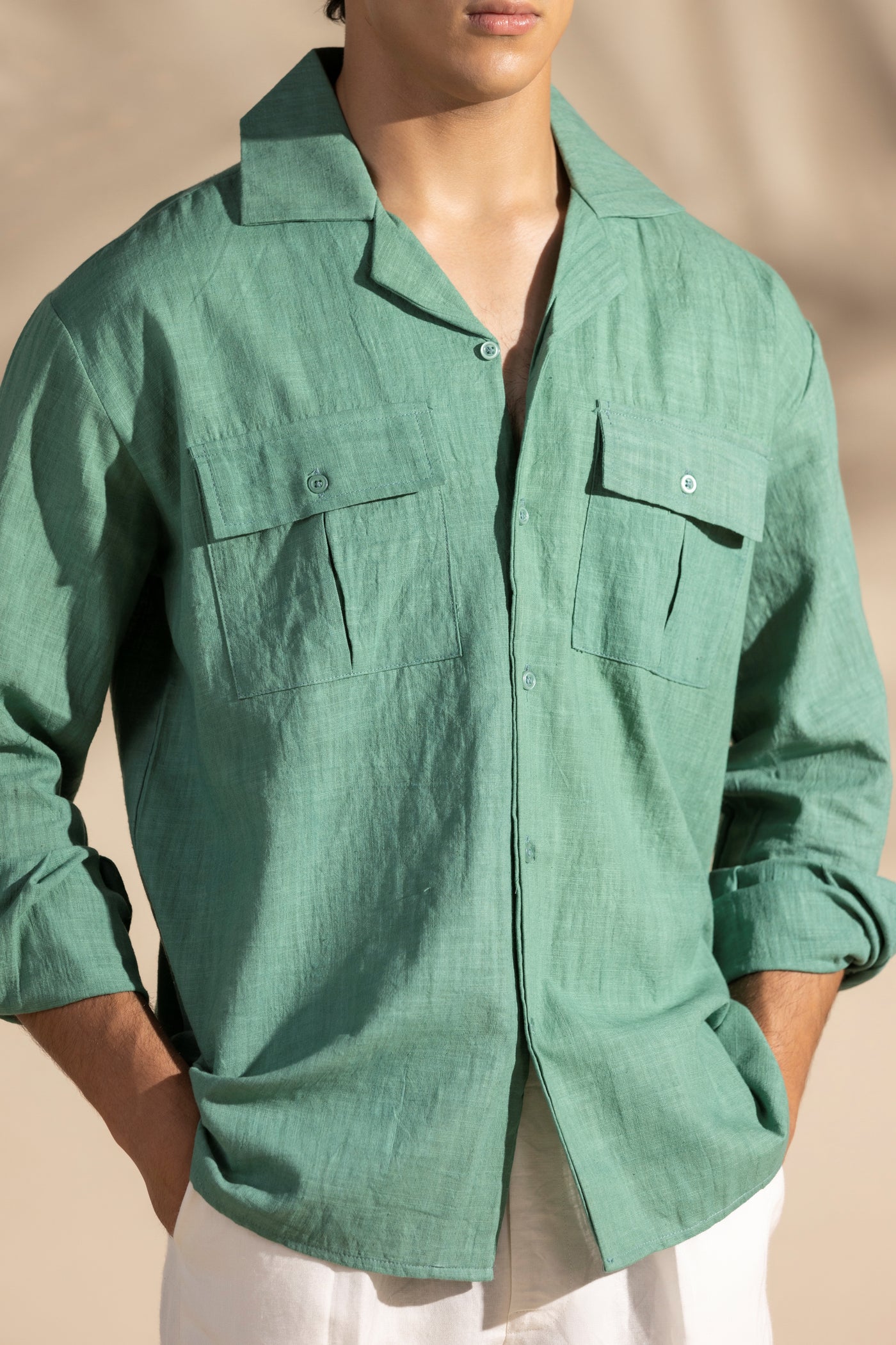 Green Linen Safari Cuban Collar Shirt