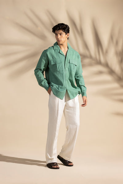 Green Linen Safari Cuban Collar Shirt