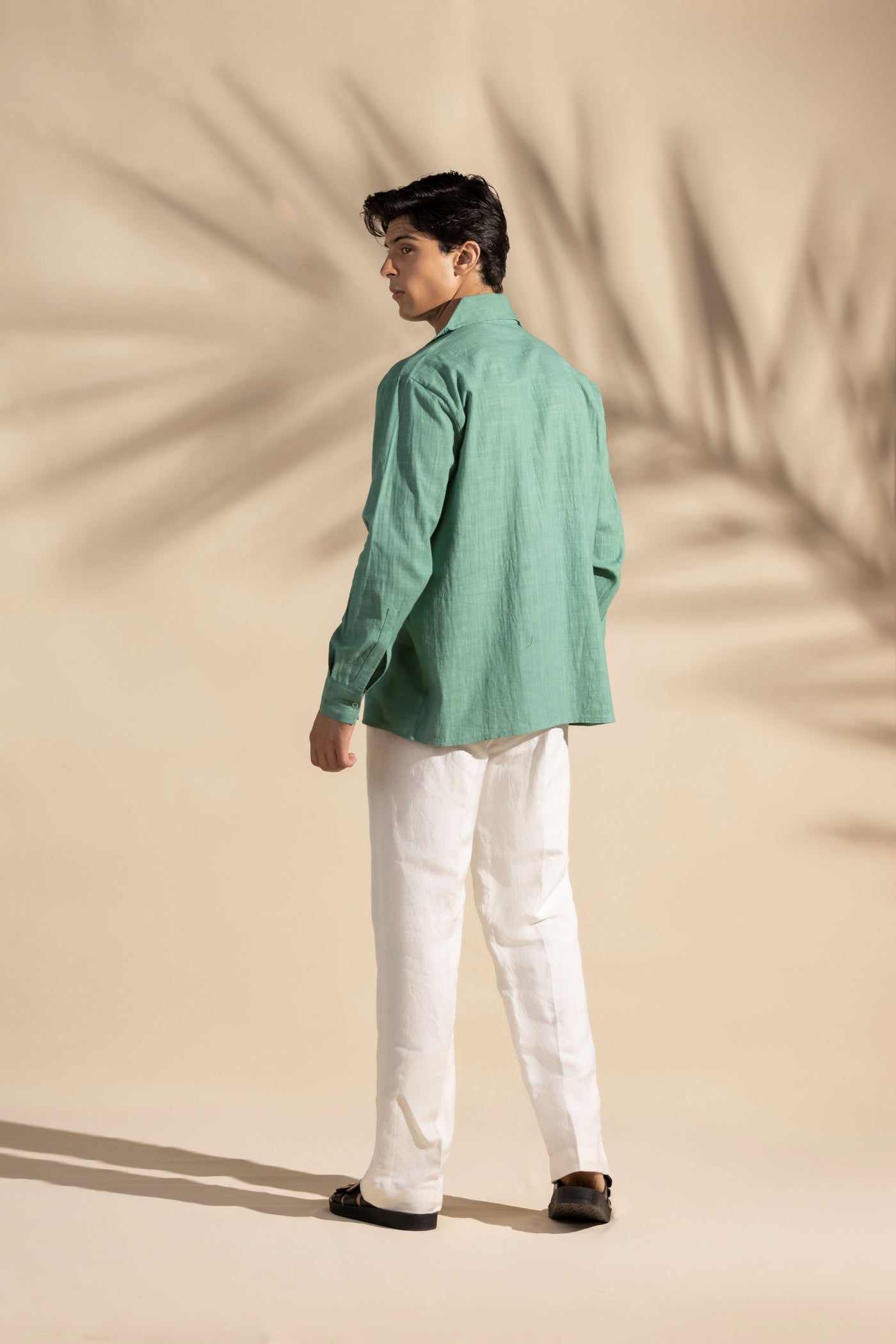 Green Linen Safari Cuban Collar Shirt