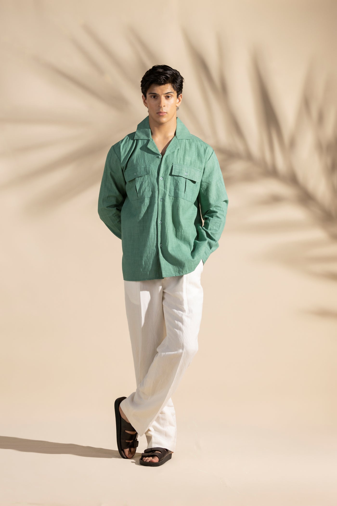 Green Linen Safari Cuban Collar Shirt