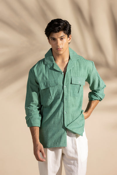 Green Linen Safari Cuban Collar Shirt