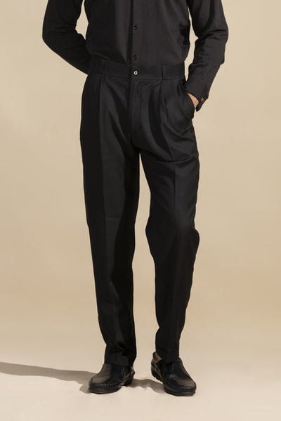 BLACK CUT BELT KOREAN DOUBLE PLEATED PANT