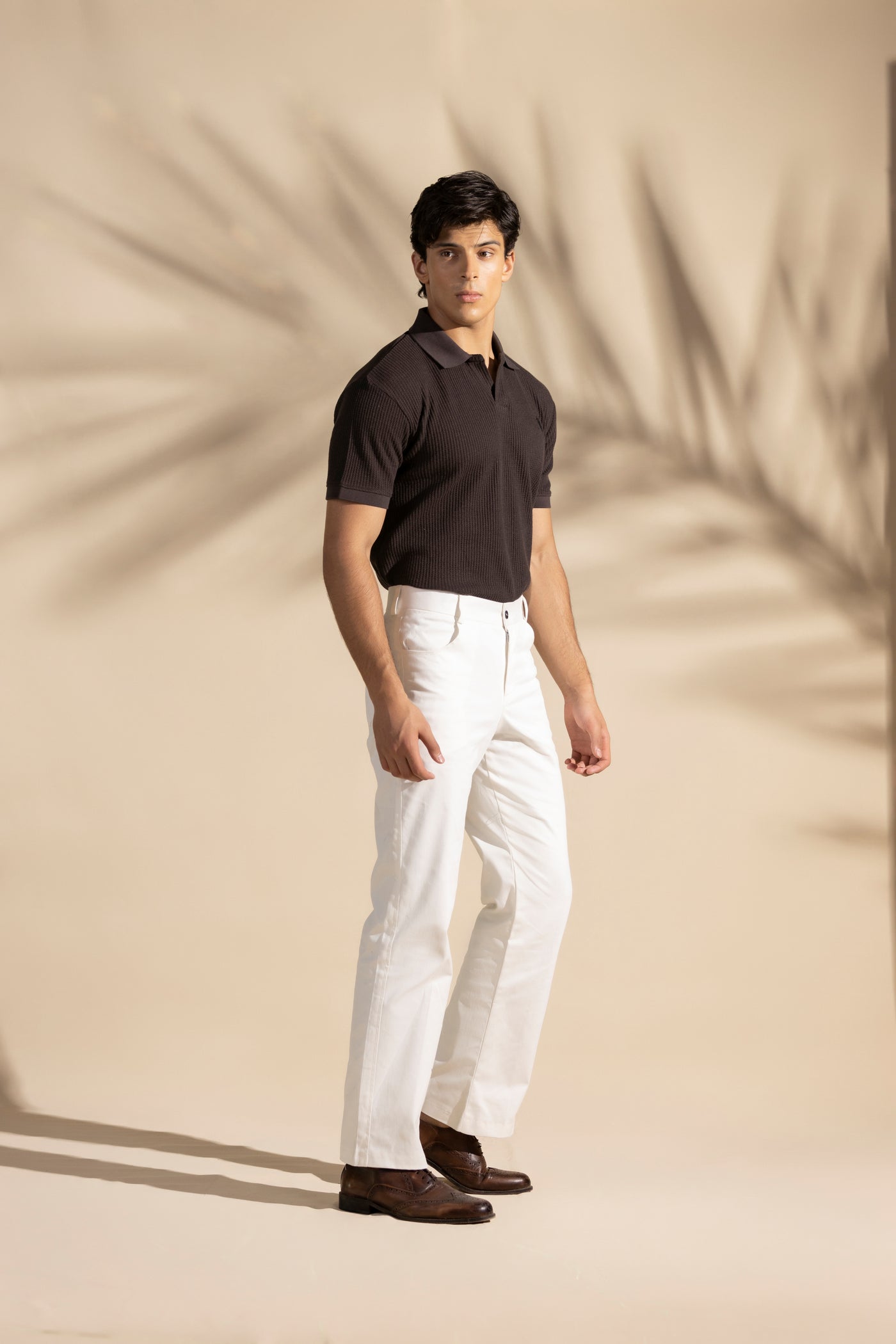 Brown Johnny Collar Waffle Knitted POLO Shirt