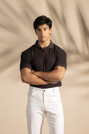 Brown Johnny Collar Waffle Knitted POLO Shirt - OMH Clothing