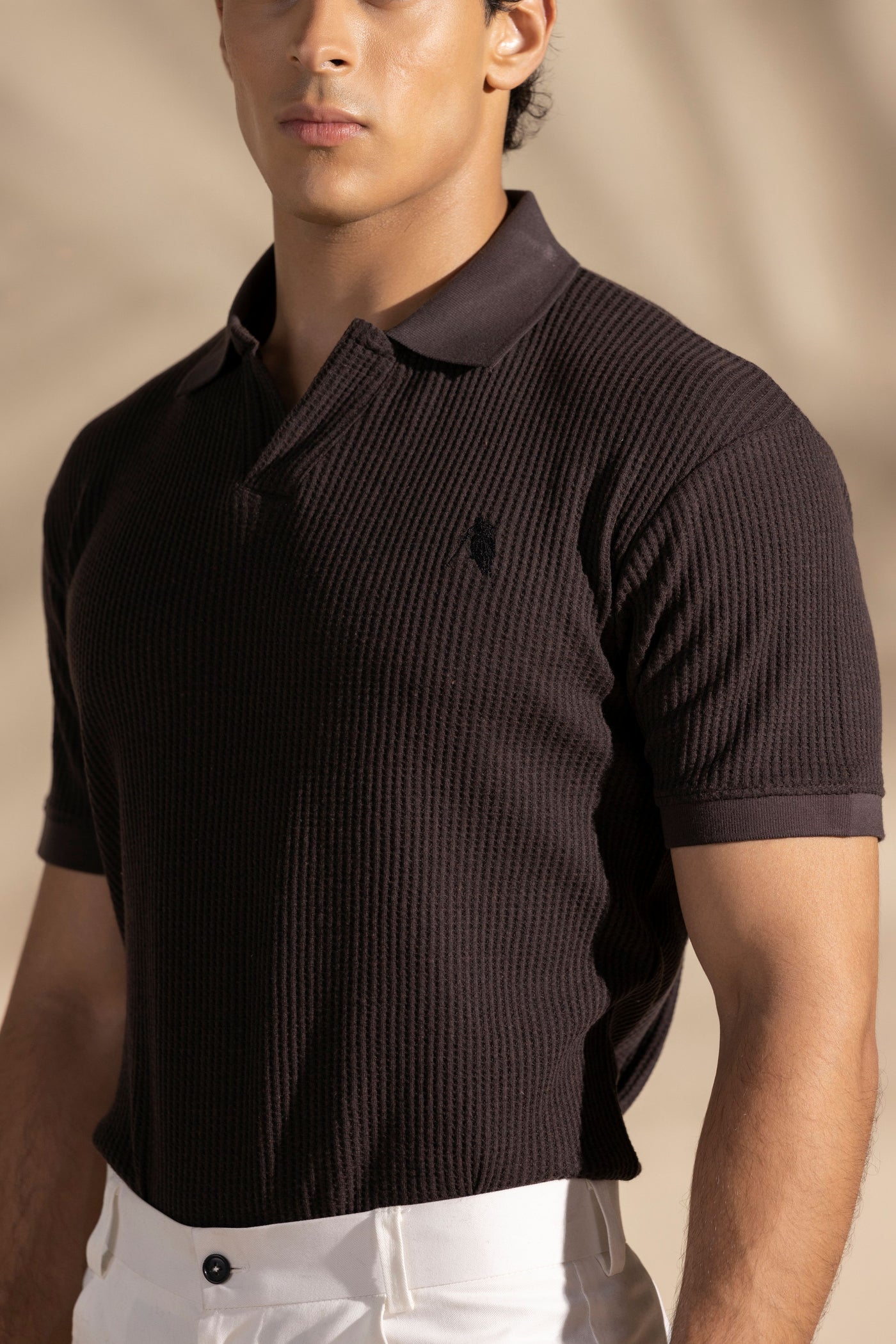 Brown Johnny Collar Waffle Knitted POLO Shirt