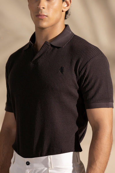 Brown Johnny Collar Waffle Knitted POLO Shirt