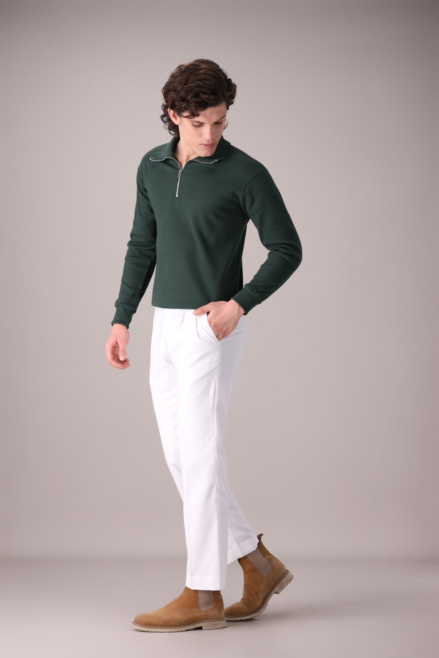 Green Rib Knitted Quarter Zipper - OMH Clothing