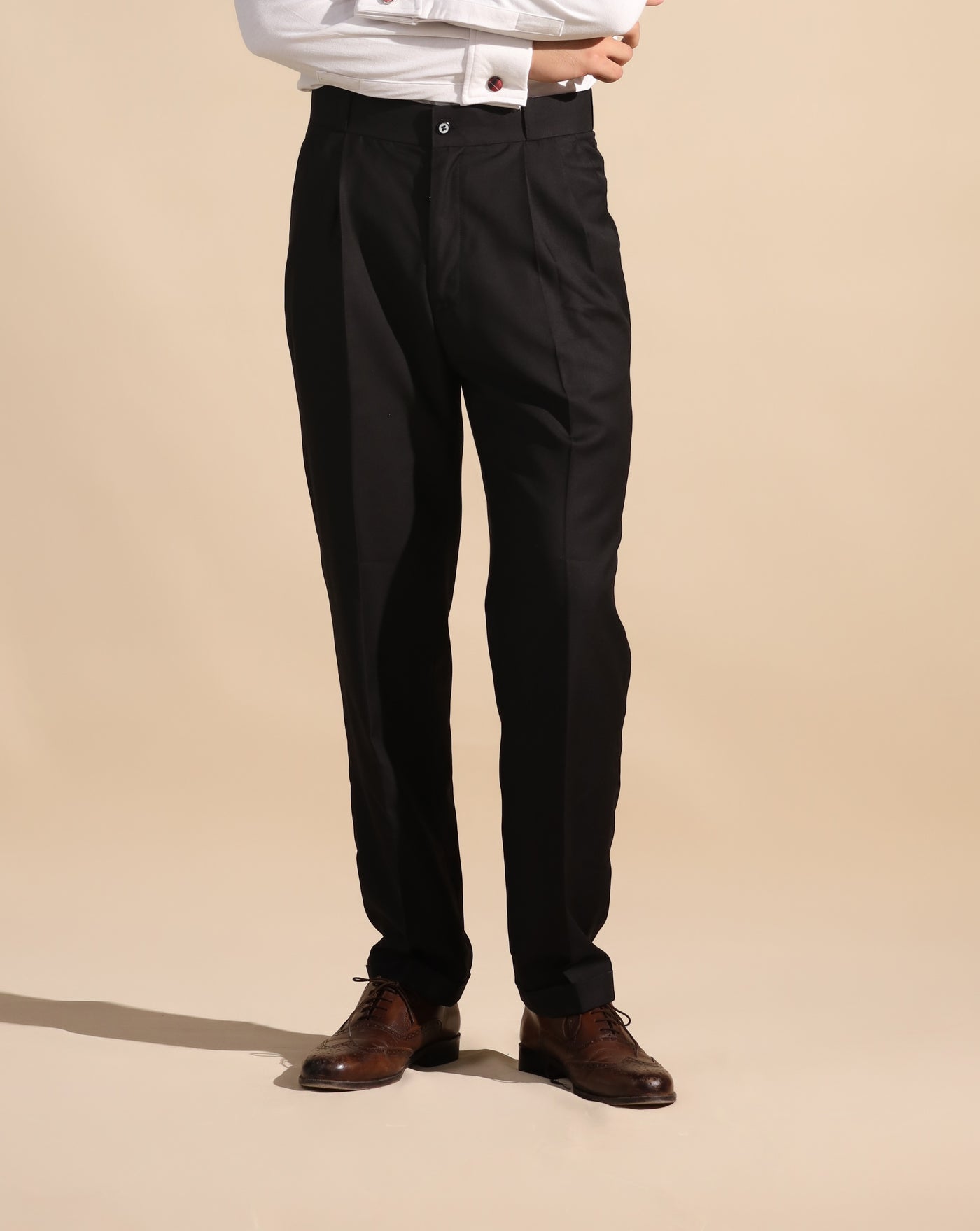 BLACK CUT BELT KOREAN DOUBLE PLEATED PANT