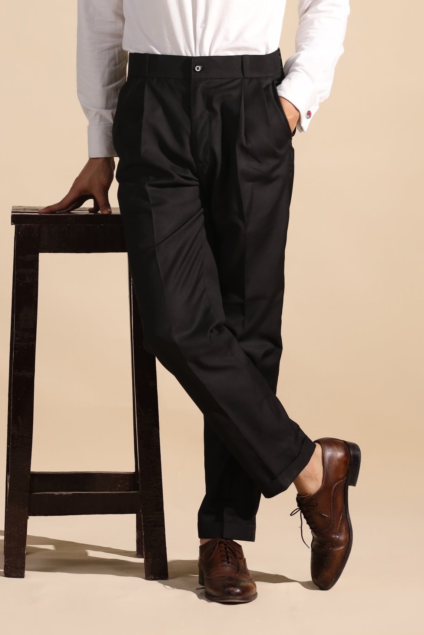 BLACK CUT BELT KOREAN DOUBLE PLEATED PANT