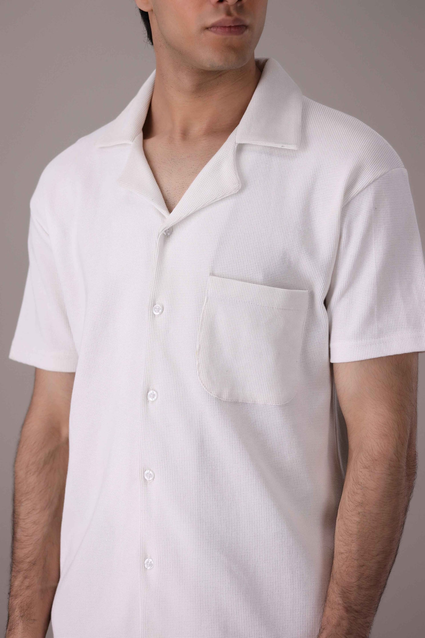 White Waffle Knitted Cuban Collar Shirt