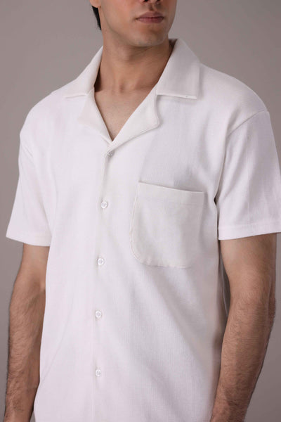 White Waffle Knitted Cuban Collar Shirt