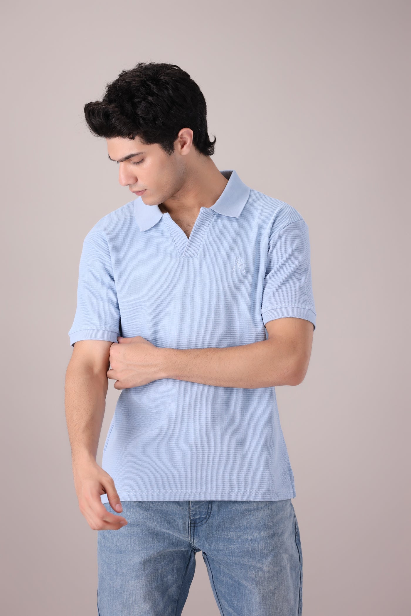 Sky Blue Johnny Collar Waffle Knitted POLO Shirt - OMH Clothing