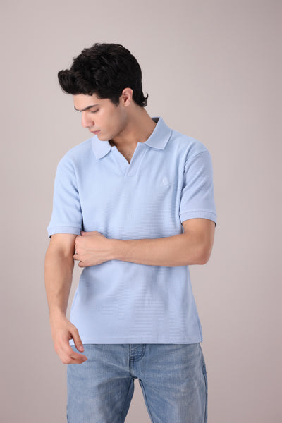 Sky Blue Johnny Collar Waffle Knitted POLO Shirt - OMH Clothing