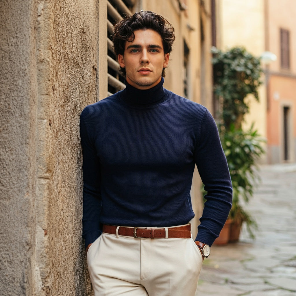 Navy Blue Rib Knitted Turtleneck Shirt - OMH Clothing