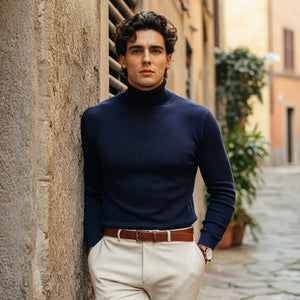 Navy Blue Rib Knitted Turtleneck Shirt - OMH Clothing