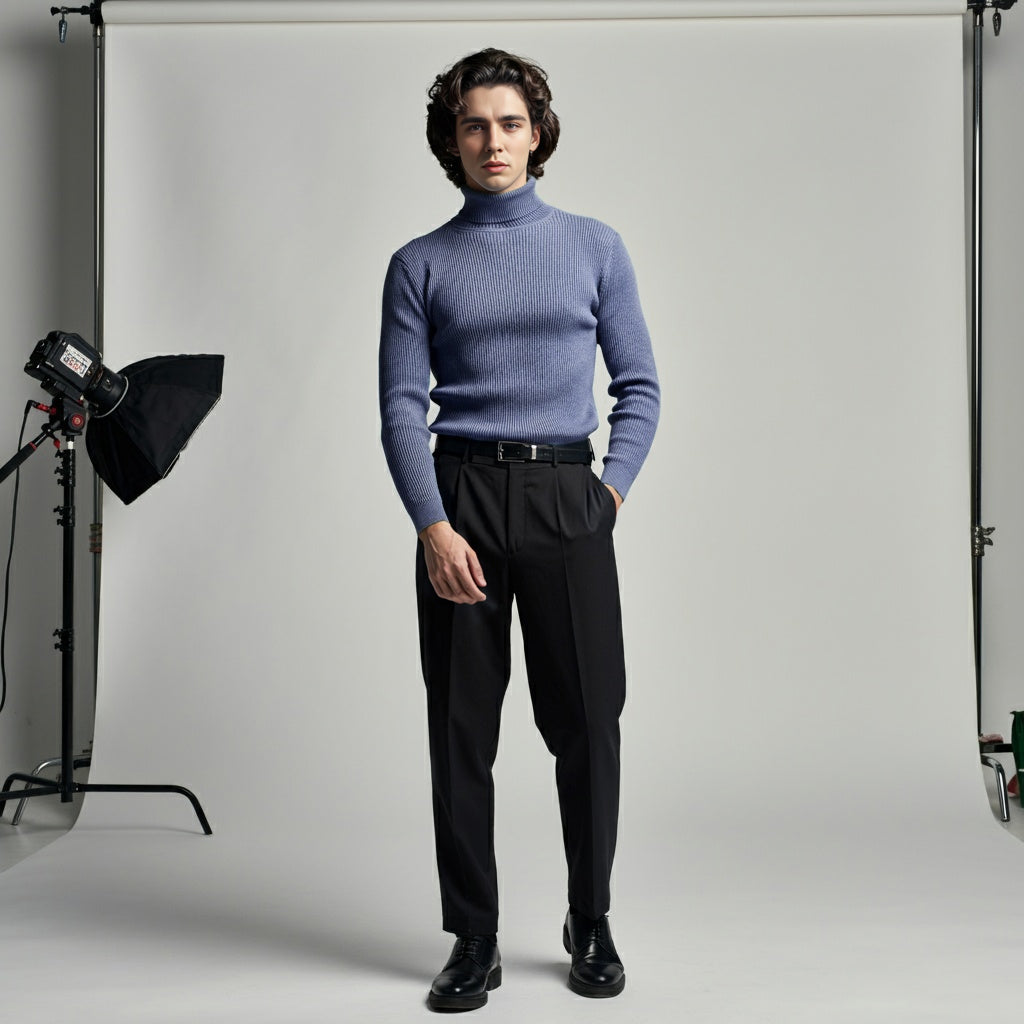 Tealish Blue Rib Knitted Turtle Neck Shirt - OMH Clothing