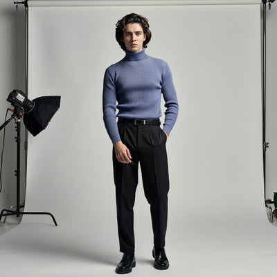 Tealish Blue Rib Knitted Turtle Neck Shirt - OMH Clothing