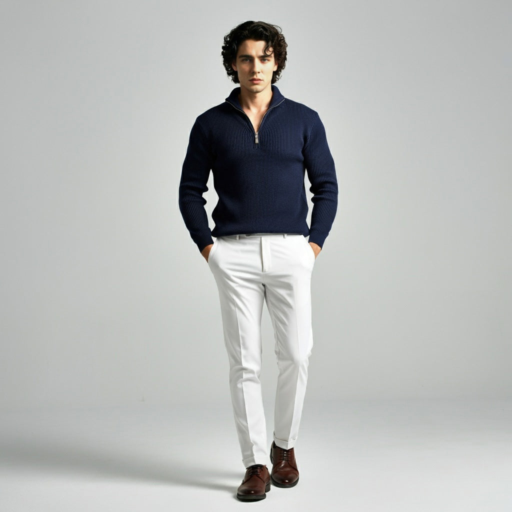 Navy Blue Rib knitted Quarter Zipper - OMH Clothing
