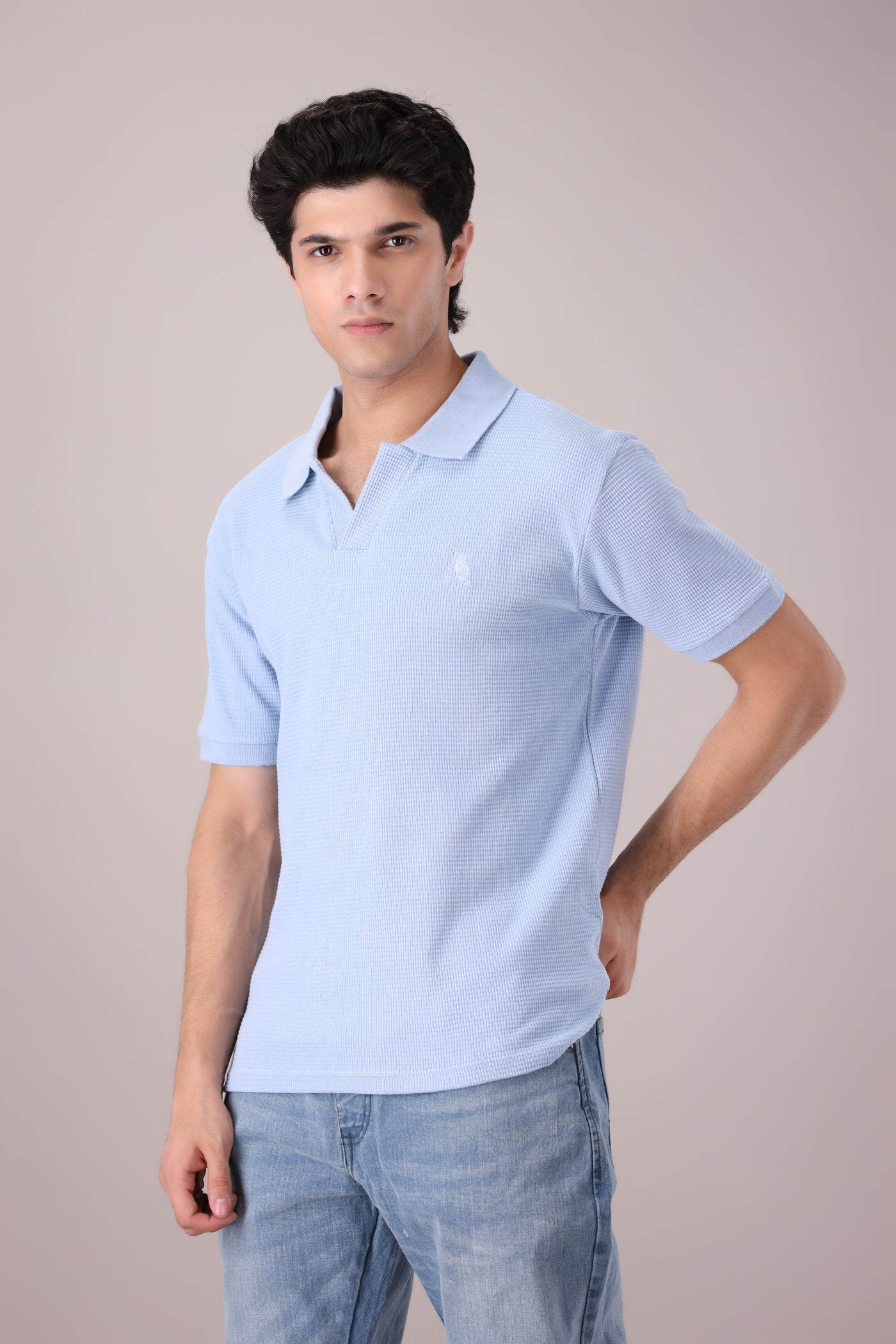 Sky Blue Johnny Collar Waffle Knitted POLO Shirt - OMH Clothing