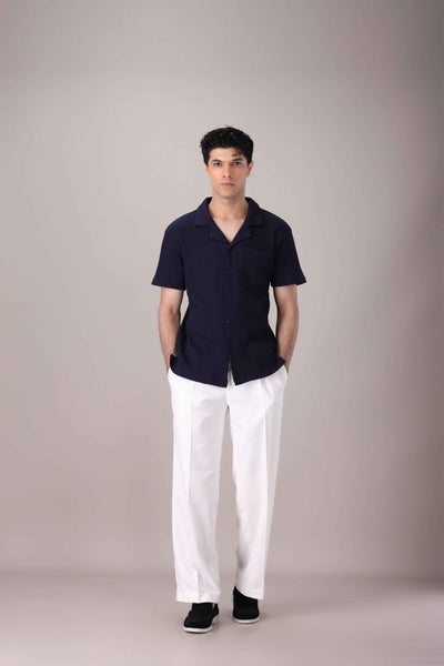 Navy Blue Waffle Knit Cuban Collar Shirt