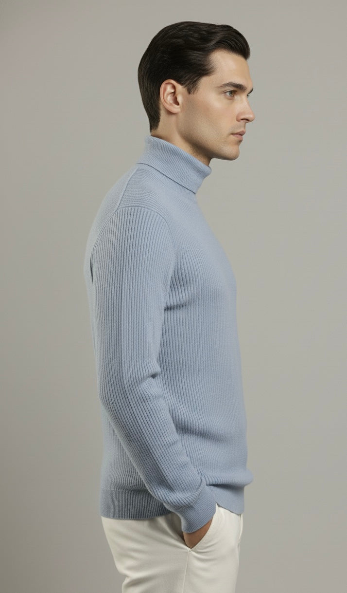 Tealish Blue Rib Knitted Turtle Neck Shirt