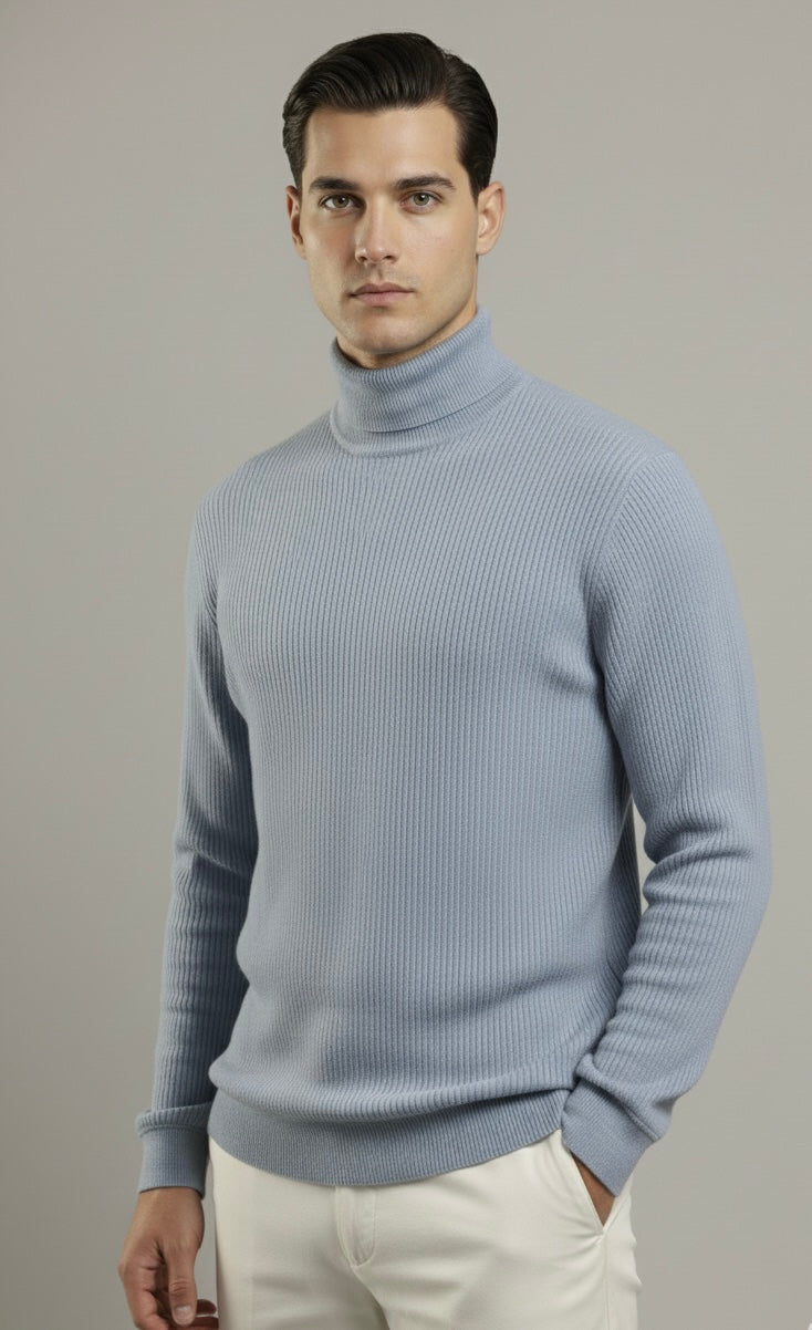 Tealish Blue Rib Knitted Turtle Neck Shirt