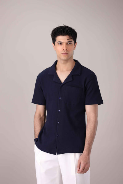 Navy Blue Waffle Knit Cuban Collar Shirt