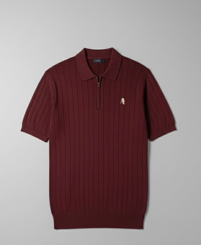 BURGUNDY DROP NEEDLE ZIP POLO SHIRT