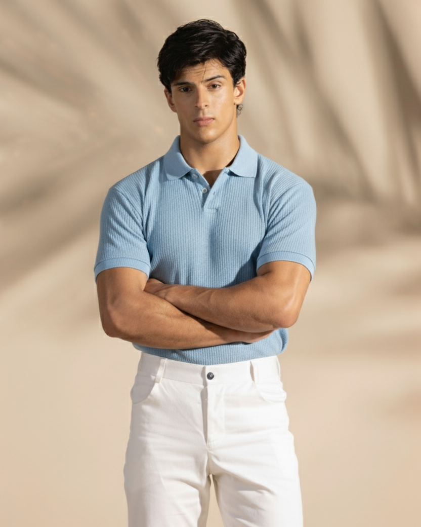 Light Blue Polo Shirt - Johnny Collar Waffle Knitted Design